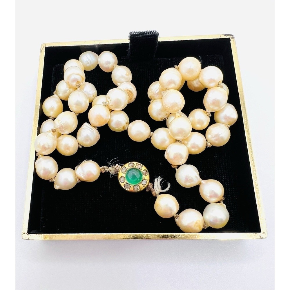 Georgian Saltwater Pearl 14k Gold Cabochon Emerald & Rose Cut Diamond Necklace